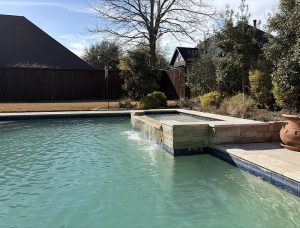 A backyard swimming pool with a raised spa, surrounded by a wooden fence, trees, and shrubs on a sunny day.