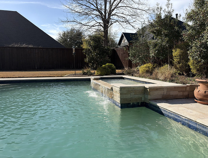 A backyard swimming pool with a raised spa, surrounded by a wooden fence, trees, and shrubs on a sunny day.