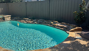 A backyard swimming pool with clear blue water, rock edging, and a privacy fence in the background on a sunny day.